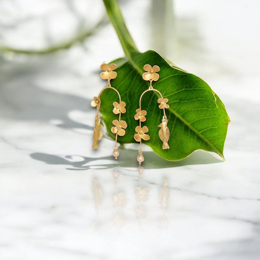 Brincos Pássaros e Flores com pérolas